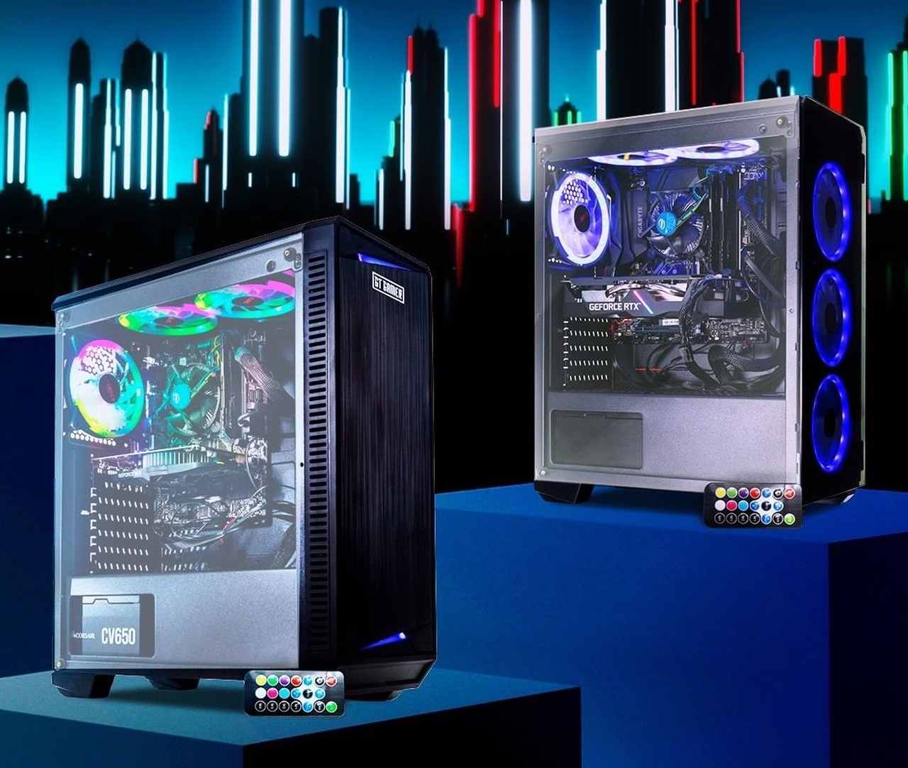 PC gamer com cores diversas e fundo futurista 
